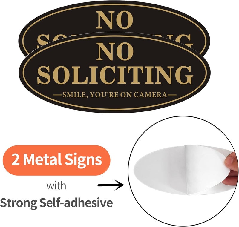 MongFun House Door No Soliciting Sign Metal, 2 Pack Silver Color 7.0 x 3.0 inches, Self-Adhesive Modern Design Aluminum Signs for Office Home Business Company, Waterproof and Weather Resistant (BLACK/GOLD No Soliciting Sign) - Image 2